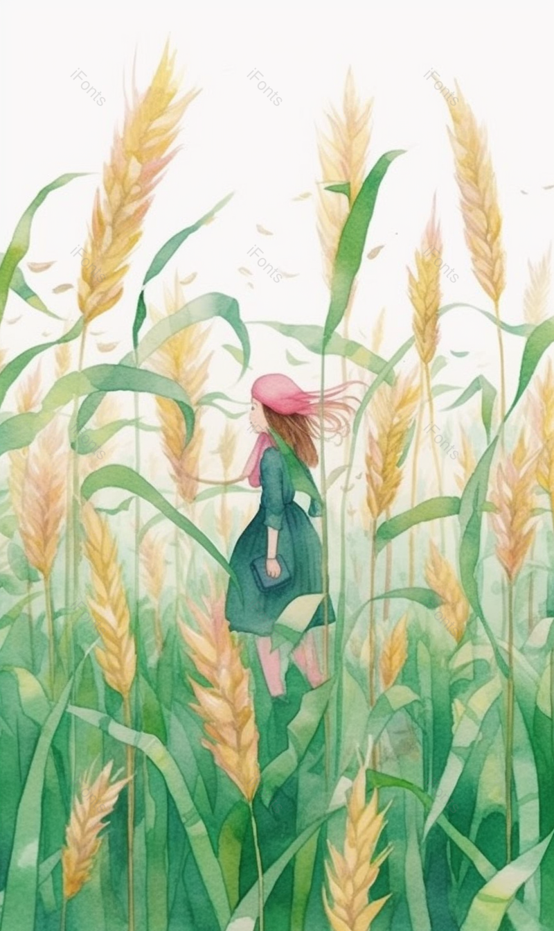 小女孩在长满麦穗的田地里水彩手绘插画,插画/手绘图,插画/手绘图库,插画/手绘图下载,插画/手绘